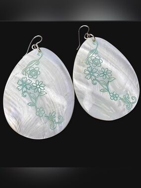 White Mother-of-Pearl Teardrop Earrings with Green Floral Etching hook closure